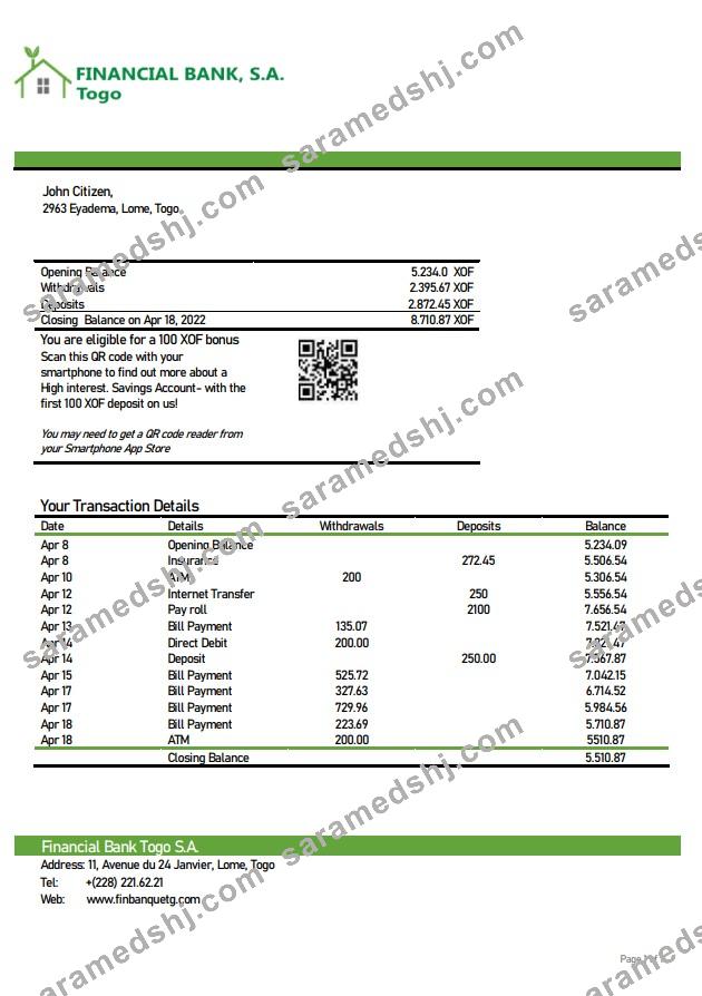 Togo Financial Bank statement